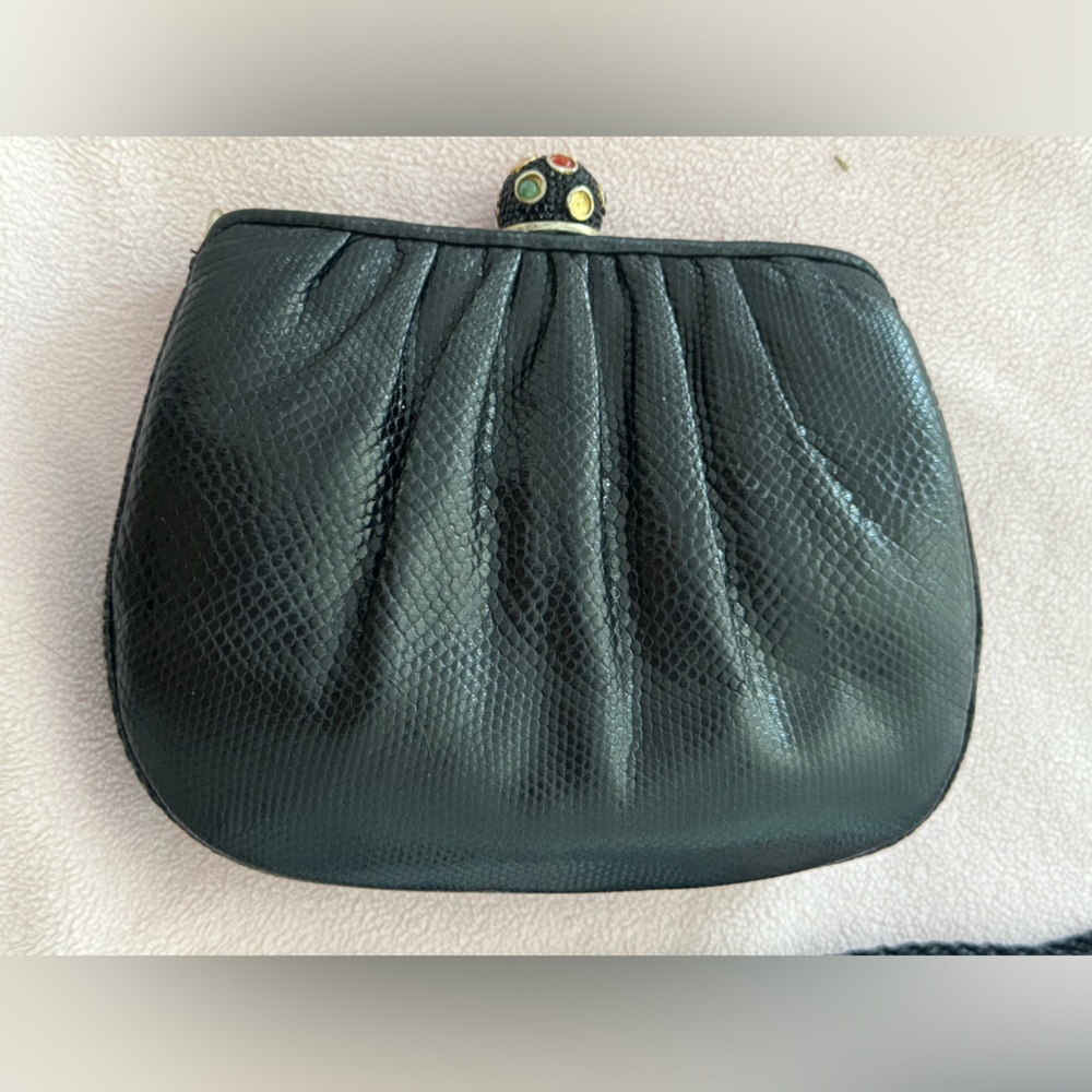 Vintage Judith Leiber black lizard skin convertible crossbody long strap clutch